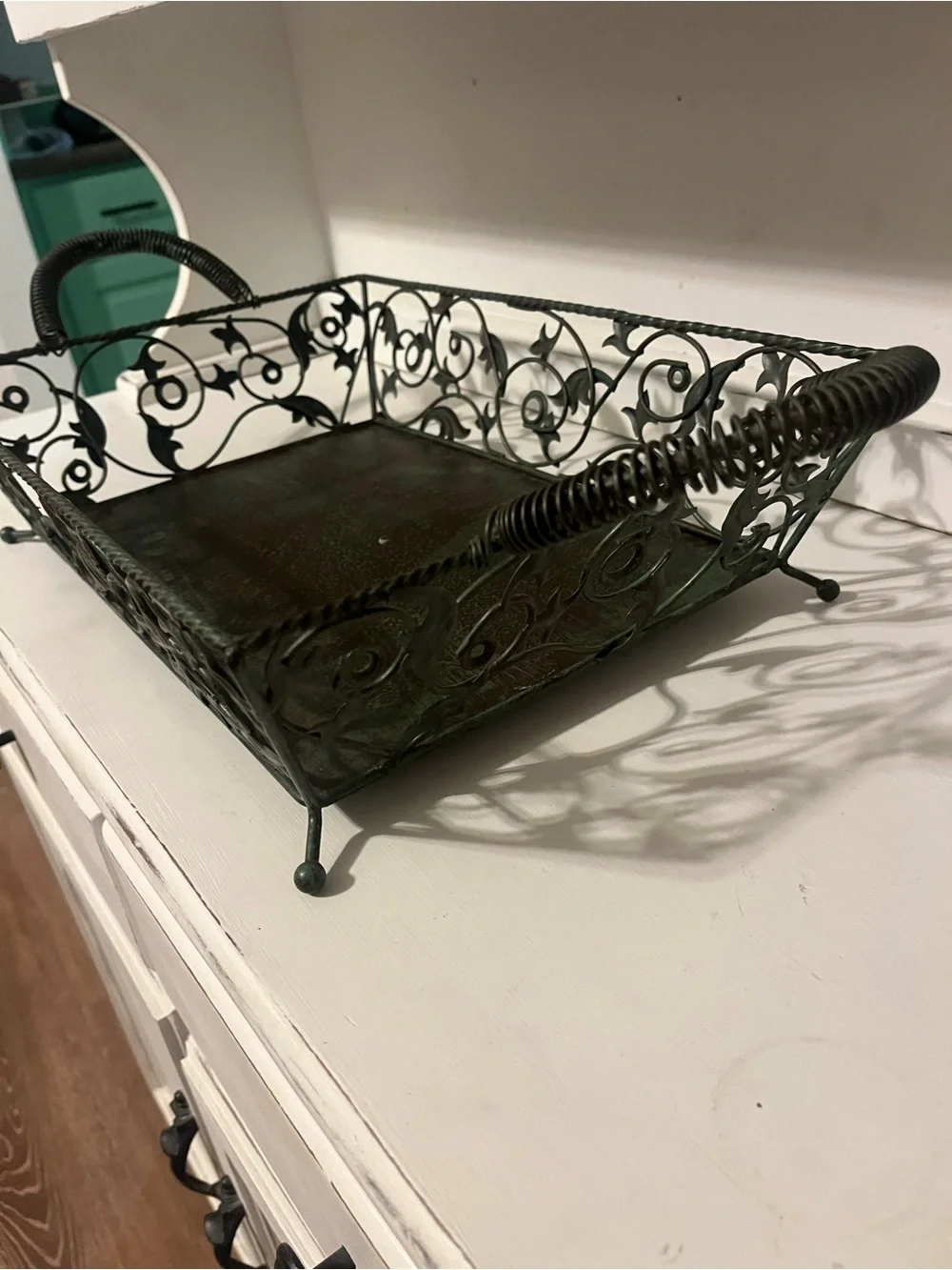 Dark Green Metal Serving Tray with Handles